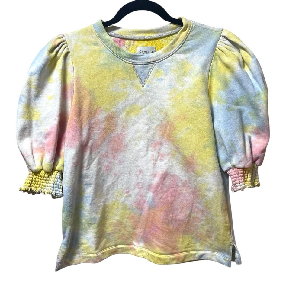 Saylor Tie Dye Puff‎ Sleeve Sweatshirt Pastel Pink Yellow Blue Cotton Medium
